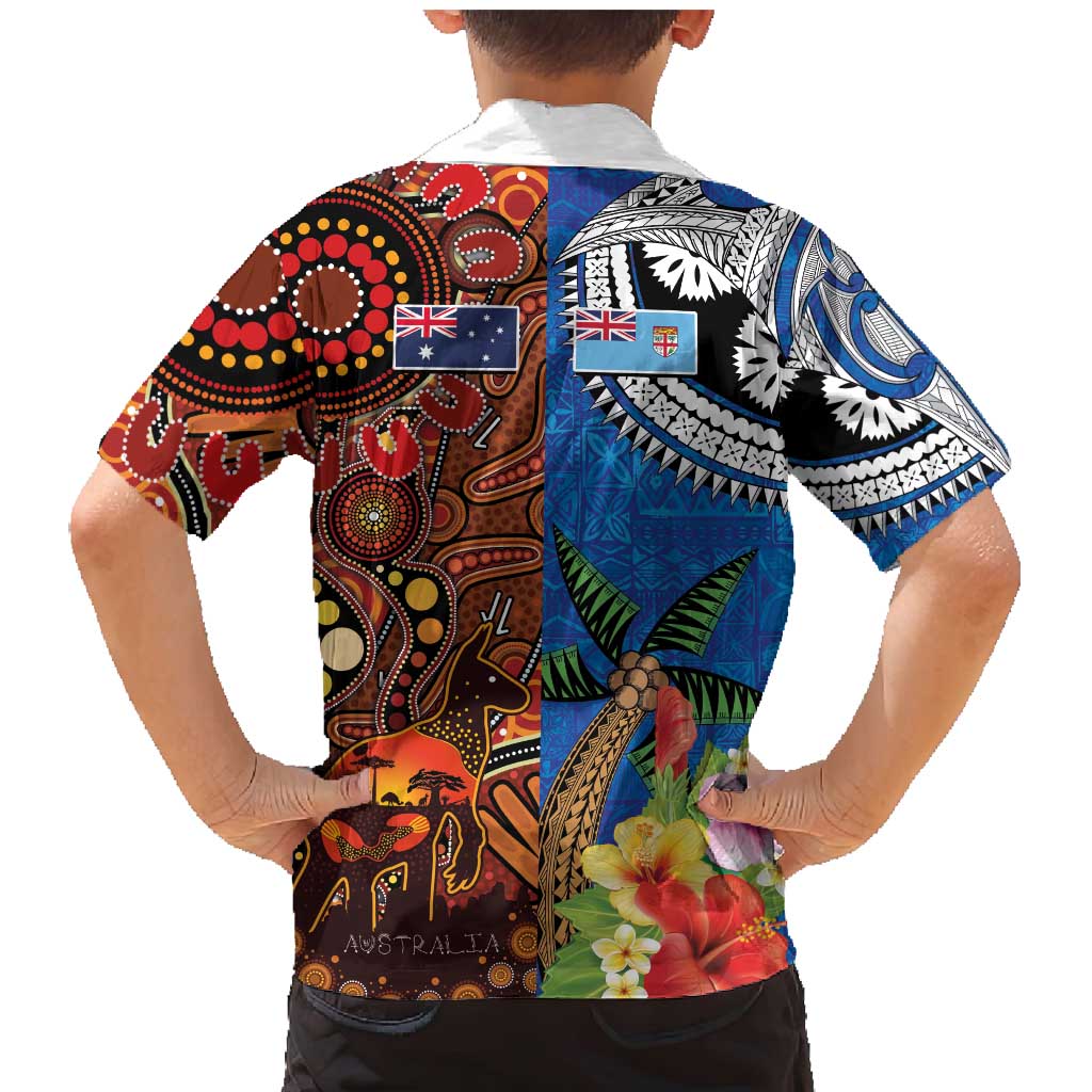 Fiji and Australia Together Family Matching Mermaid Dress and Hawaiian Shirt Fijian Tapa Plants with Kangaroo and Aboriginal - Aussie Hoodie