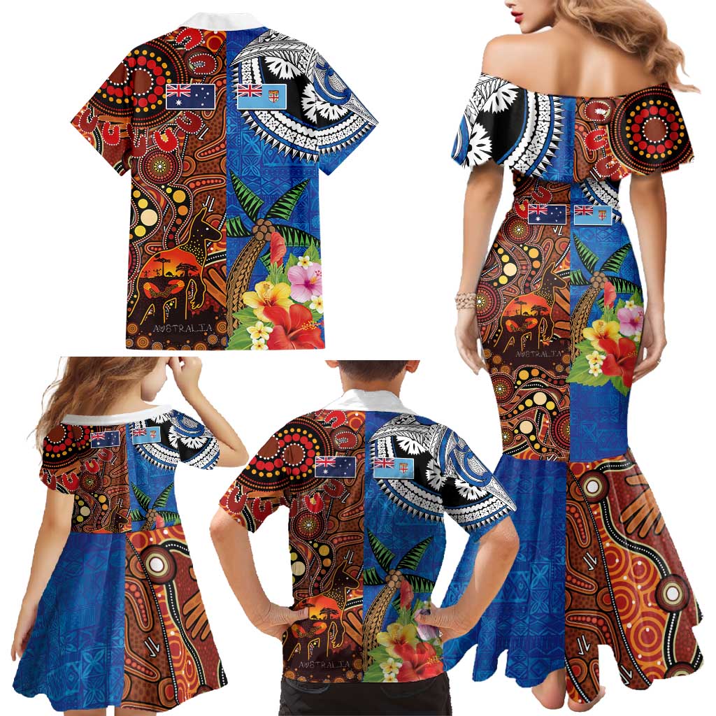 Fiji and Australia Together Family Matching Mermaid Dress and Hawaiian Shirt Fijian Tapa Plants with Kangaroo and Aboriginal - Aussie Hoodie