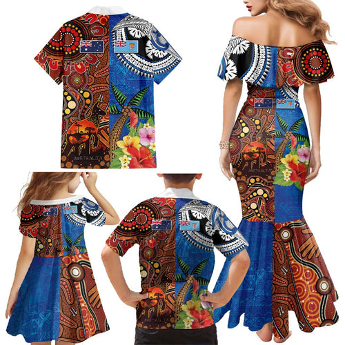 Fiji and Australia Together Family Matching Mermaid Dress and Hawaiian Shirt Fijian Tapa Plants with Kangaroo and Aboriginal - Aussie Hoodie