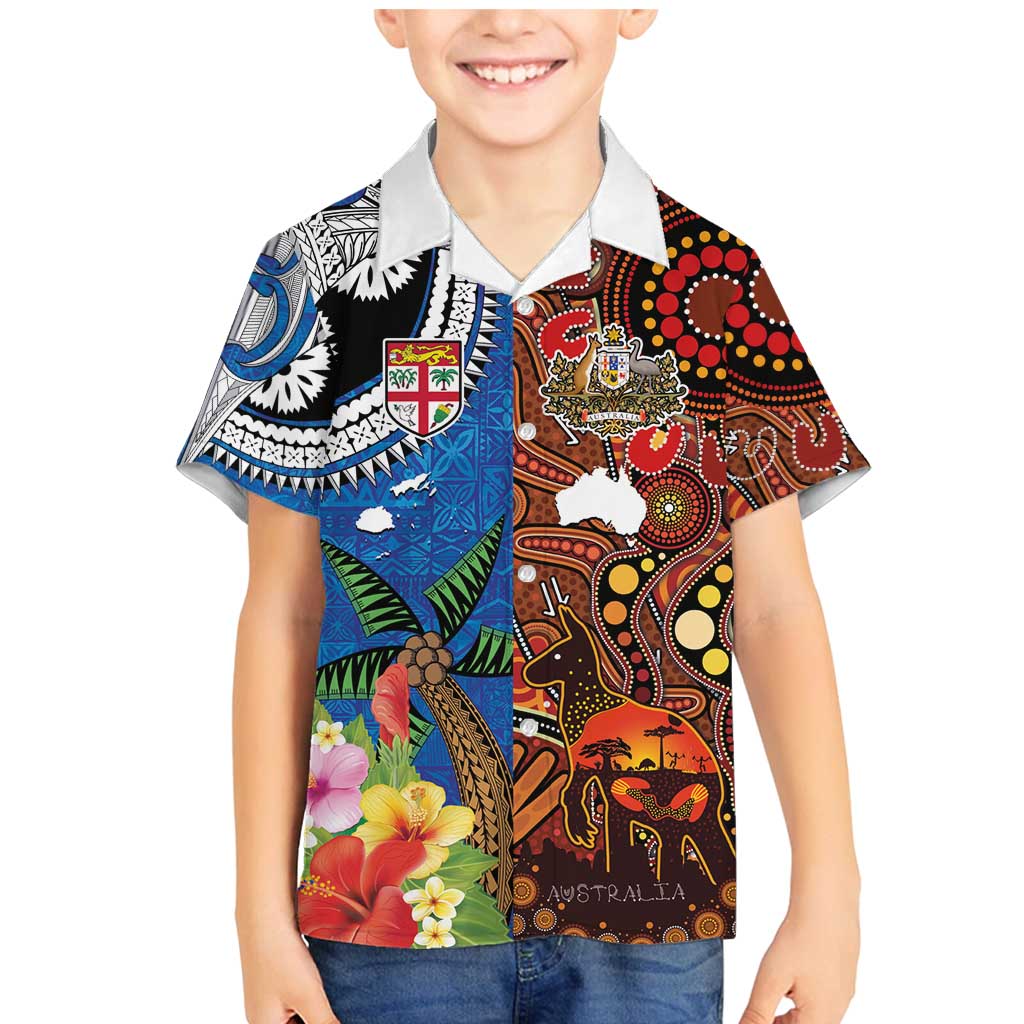 Fiji and Australia Together Family Matching Mermaid Dress and Hawaiian Shirt Fijian Tapa Plants with Kangaroo and Aboriginal - Aussie Hoodie