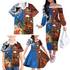 Fiji and Australia Together Family Matching Off The Shoulder Long Sleeve Dress and Hawaiian Shirt Fijian Tapa Plants with Kangaroo and Aboriginal - Aussie Hoodie