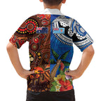 Fiji and Australia Together Family Matching Off The Shoulder Long Sleeve Dress and Hawaiian Shirt Fijian Tapa Plants with Kangaroo and Aboriginal - Aussie Hoodie