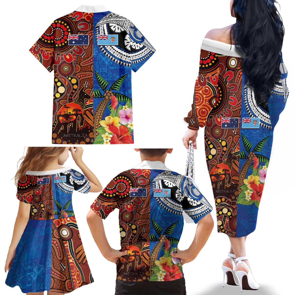 Fiji and Australia Together Family Matching Off The Shoulder Long Sleeve Dress and Hawaiian Shirt Fijian Tapa Plants with Kangaroo and Aboriginal - Aussie Hoodie