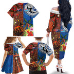 Fiji and Australia Together Family Matching Off The Shoulder Long Sleeve Dress and Hawaiian Shirt Fijian Tapa Plants with Kangaroo and Aboriginal - Aussie Hoodie