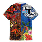 Fiji and Australia Together Family Matching Off The Shoulder Long Sleeve Dress and Hawaiian Shirt Fijian Tapa Plants with Kangaroo and Aboriginal - Aussie Hoodie