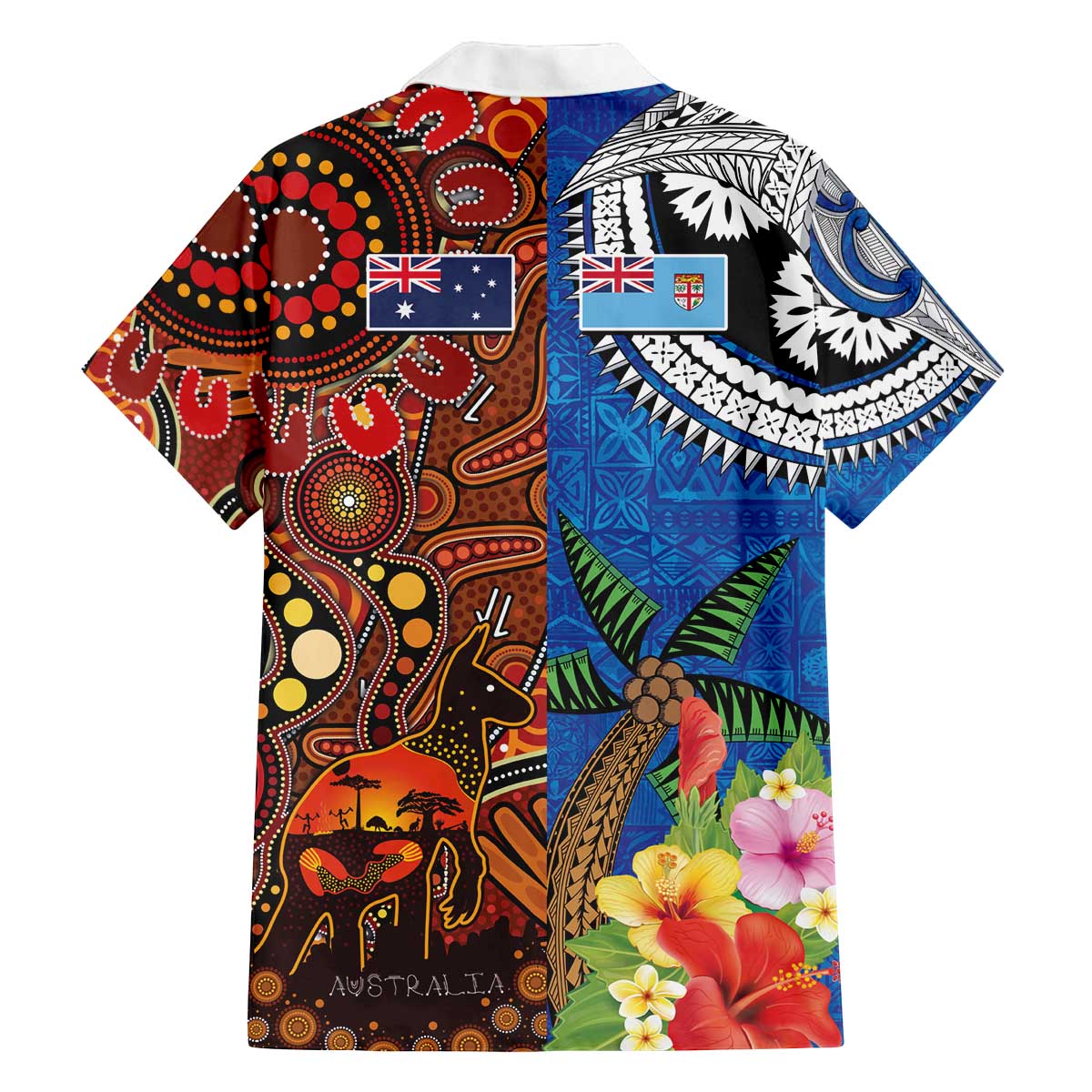 Fiji and Australia Together Family Matching Off The Shoulder Long Sleeve Dress and Hawaiian Shirt Fijian Tapa Plants with Kangaroo and Aboriginal - Aussie Hoodie
