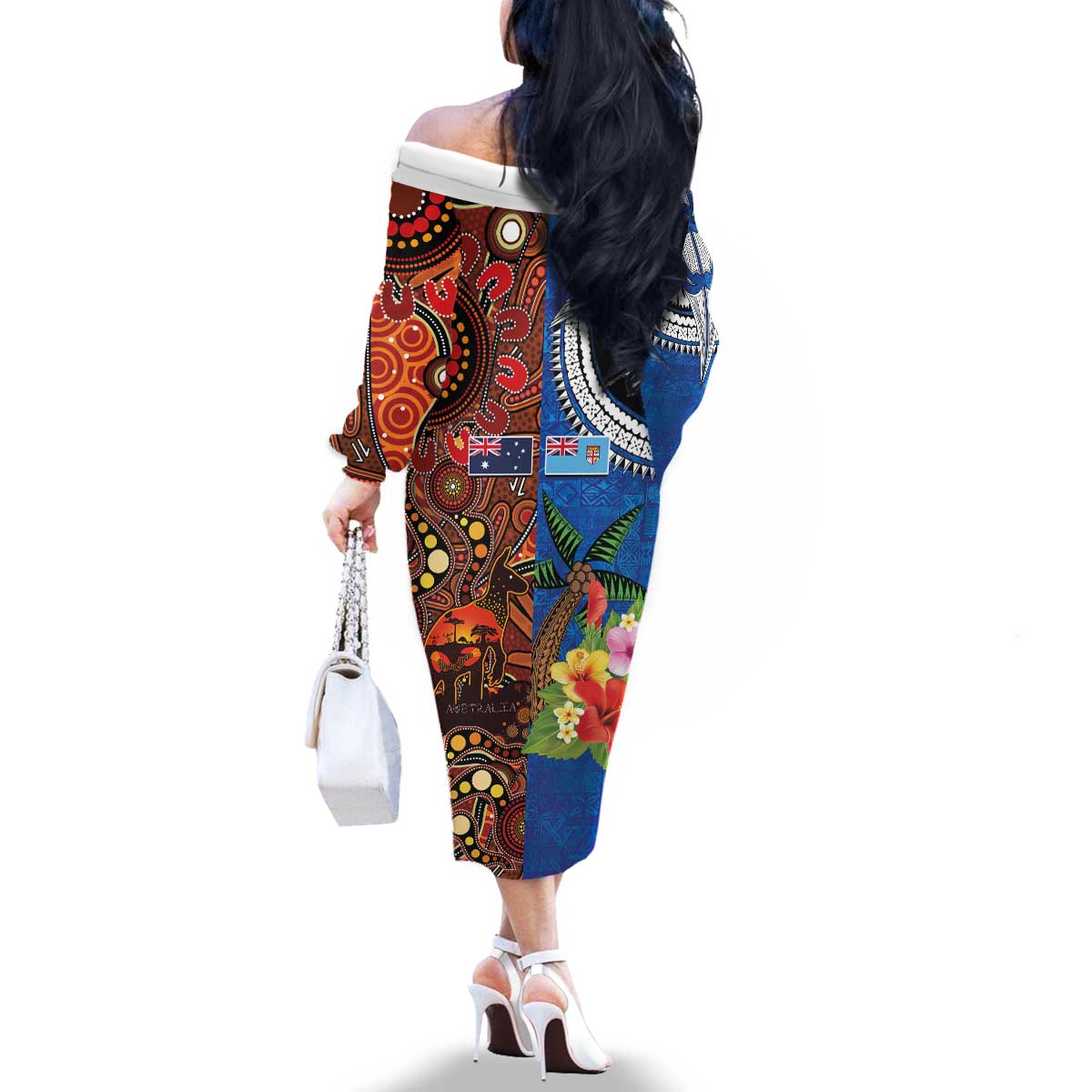 Fiji and Australia Together Family Matching Off The Shoulder Long Sleeve Dress and Hawaiian Shirt Fijian Tapa Plants with Kangaroo and Aboriginal - Aussie Hoodie