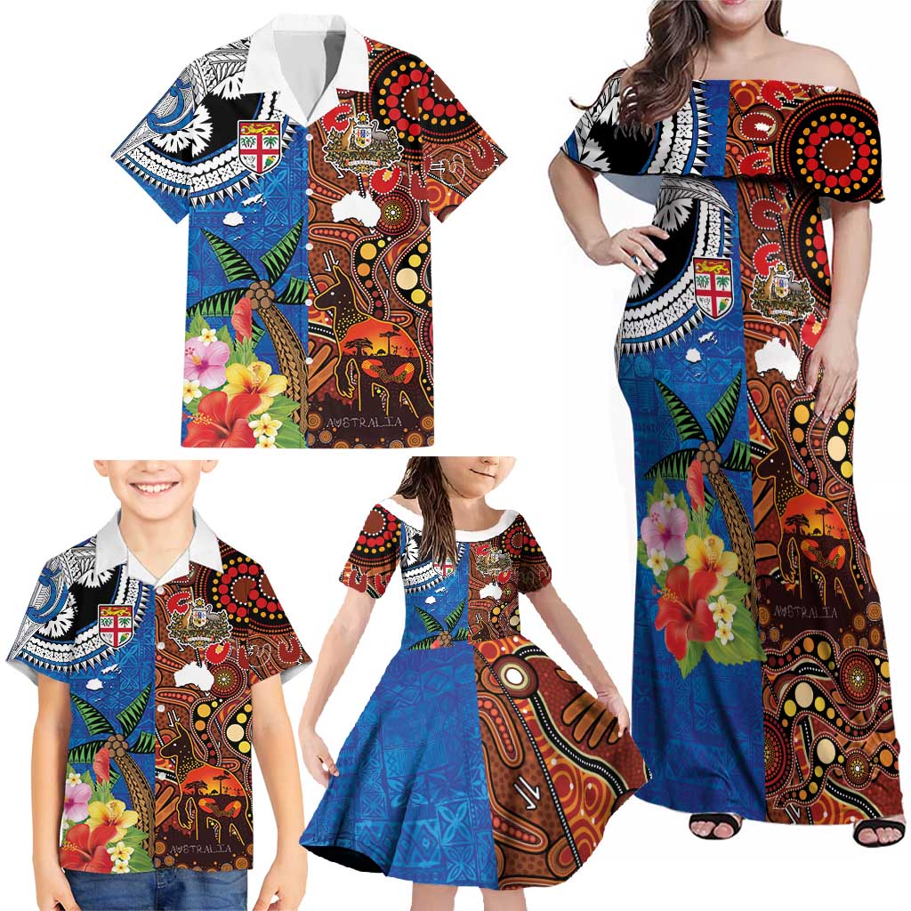 Fiji and Australia Together Family Matching Off Shoulder Maxi Dress and Hawaiian Shirt Fijian Tapa Plants with Kangaroo and Aboriginal - Aussie Hoodie