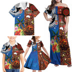 Fiji and Australia Together Family Matching Off Shoulder Maxi Dress and Hawaiian Shirt Fijian Tapa Plants with Kangaroo and Aboriginal - Aussie Hoodie