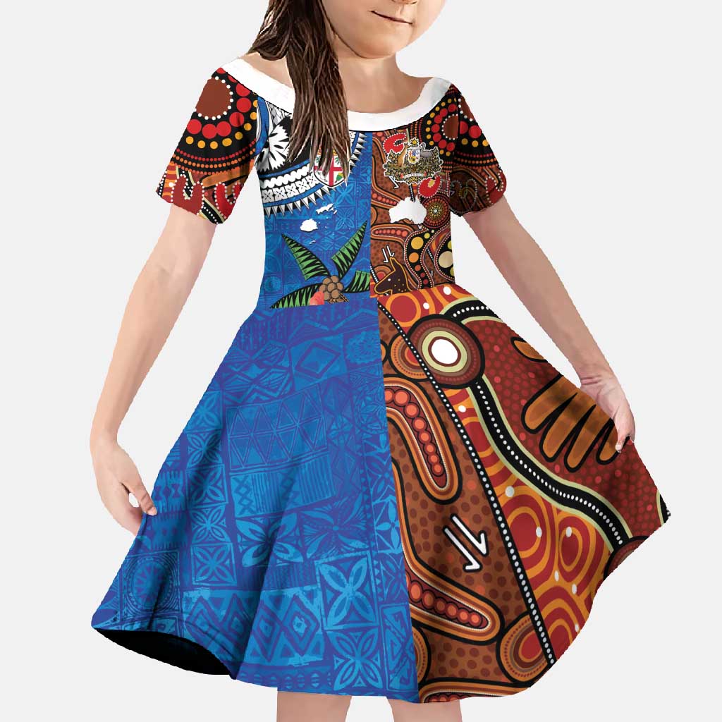 Fiji and Australia Together Family Matching Off Shoulder Maxi Dress and Hawaiian Shirt Fijian Tapa Plants with Kangaroo and Aboriginal - Aussie Hoodie