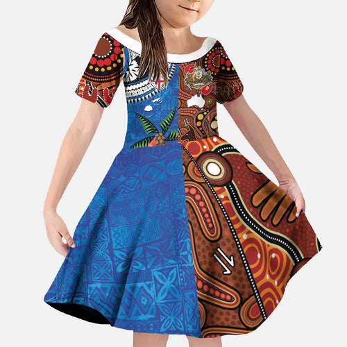 Fiji and Australia Together Family Matching Off Shoulder Maxi Dress and Hawaiian Shirt Fijian Tapa Plants with Kangaroo and Aboriginal - Aussie Hoodie