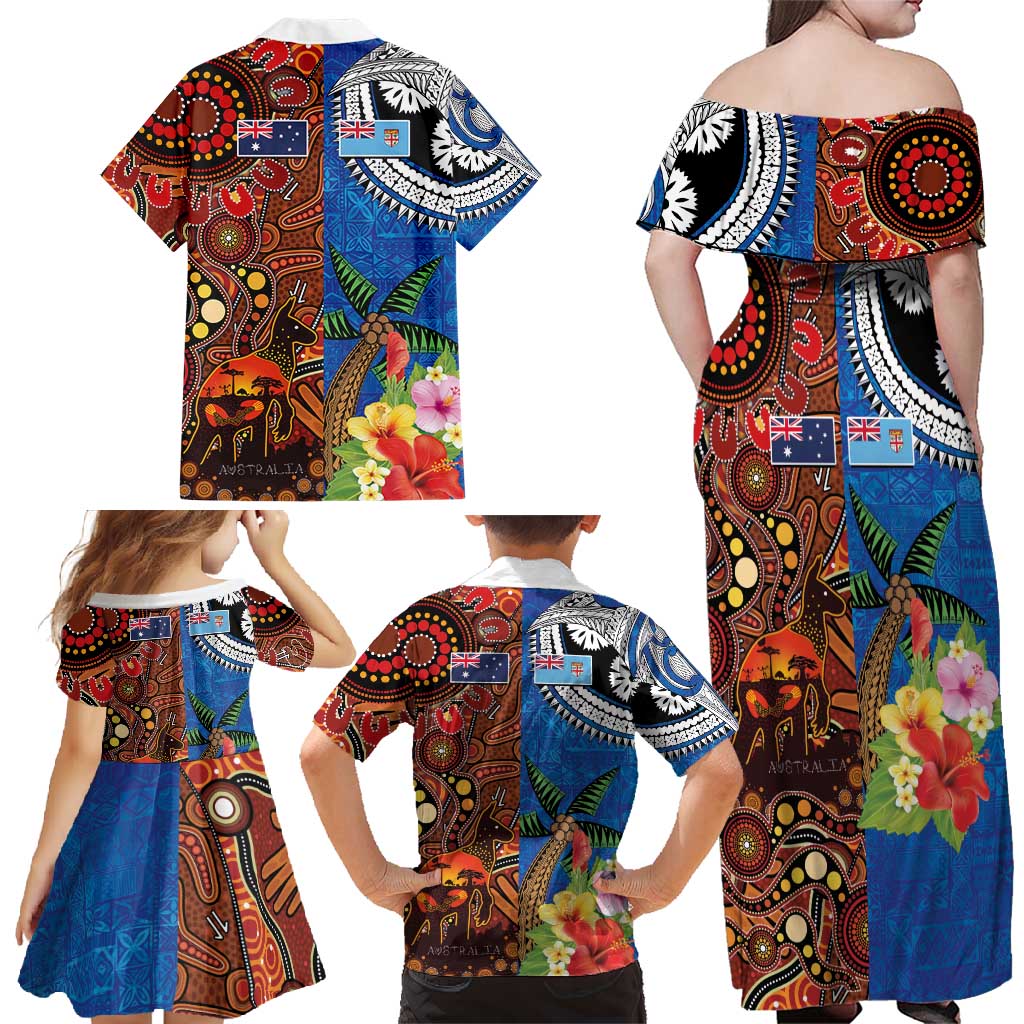 Fiji and Australia Together Family Matching Off Shoulder Maxi Dress and Hawaiian Shirt Fijian Tapa Plants with Kangaroo and Aboriginal - Aussie Hoodie