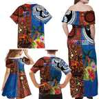 Fiji and Australia Together Family Matching Off Shoulder Maxi Dress and Hawaiian Shirt Fijian Tapa Plants with Kangaroo and Aboriginal - Aussie Hoodie