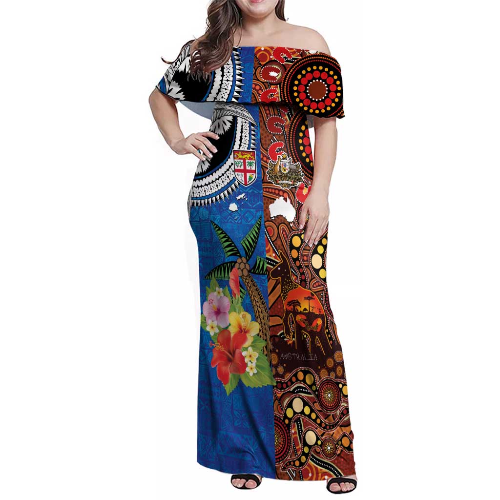 Fiji and Australia Together Family Matching Off Shoulder Maxi Dress and Hawaiian Shirt Fijian Tapa Plants with Kangaroo and Aboriginal - Aussie Hoodie