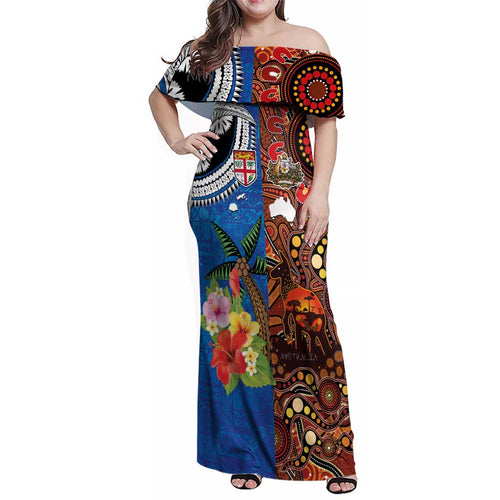 Fiji and Australia Together Family Matching Off Shoulder Maxi Dress and Hawaiian Shirt Fijian Tapa Plants with Kangaroo and Aboriginal - Aussie Hoodie