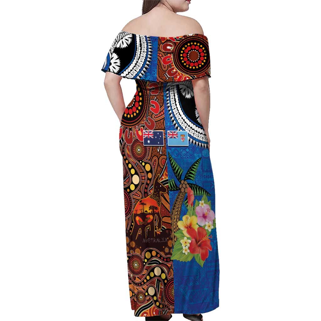 Fiji and Australia Together Family Matching Off Shoulder Maxi Dress and Hawaiian Shirt Fijian Tapa Plants with Kangaroo and Aboriginal - Aussie Hoodie