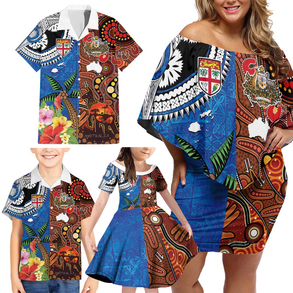 Fiji and Australia Together Family Matching Off Shoulder Short Dress and Hawaiian Shirt Fijian Tapa Plants with Kangaroo and Aboriginal - Aussie Hoodie