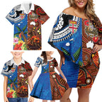 Fiji and Australia Together Family Matching Off Shoulder Short Dress and Hawaiian Shirt Fijian Tapa Plants with Kangaroo and Aboriginal - Aussie Hoodie