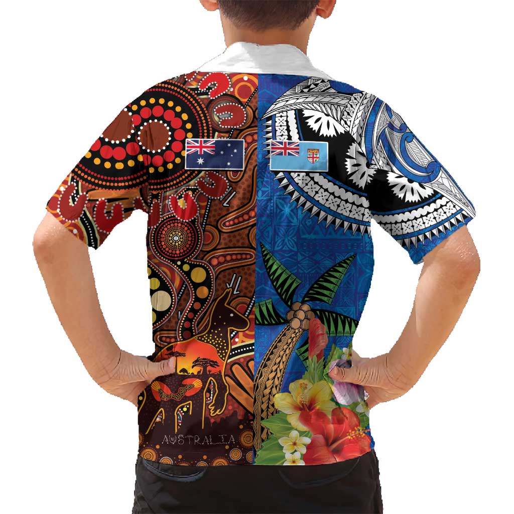 Fiji and Australia Together Family Matching Off Shoulder Short Dress and Hawaiian Shirt Fijian Tapa Plants with Kangaroo and Aboriginal - Aussie Hoodie
