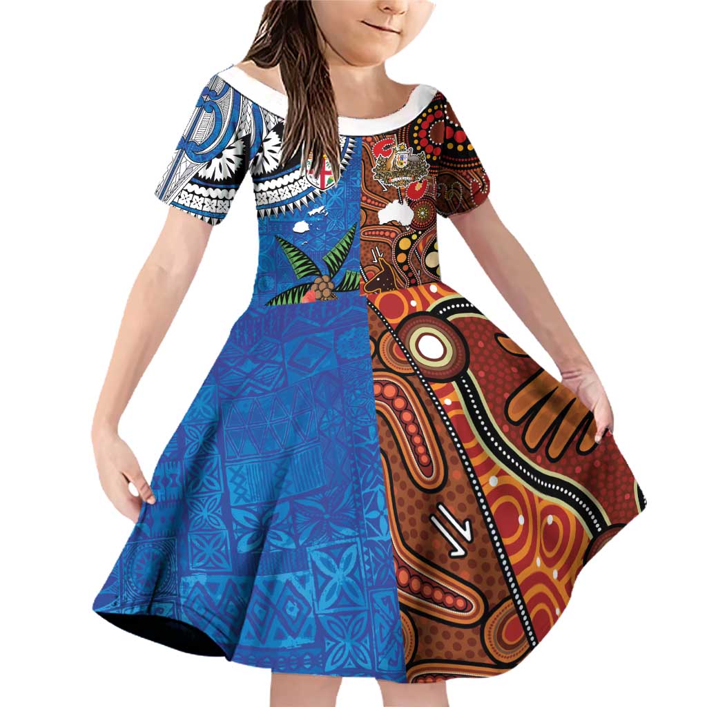 Fiji and Australia Together Family Matching Off Shoulder Short Dress and Hawaiian Shirt Fijian Tapa Plants with Kangaroo and Aboriginal - Aussie Hoodie