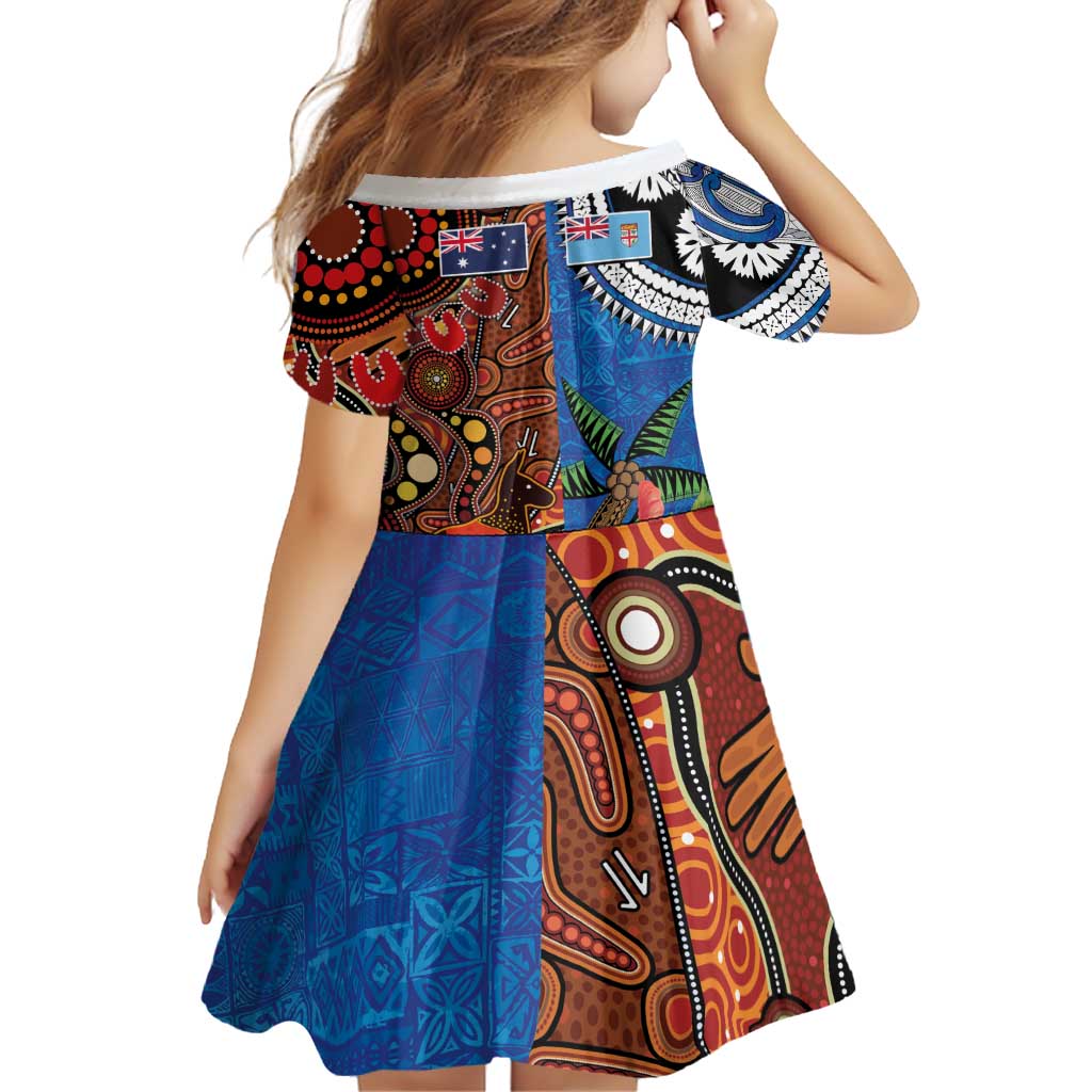 Fiji and Australia Together Family Matching Off Shoulder Short Dress and Hawaiian Shirt Fijian Tapa Plants with Kangaroo and Aboriginal - Aussie Hoodie