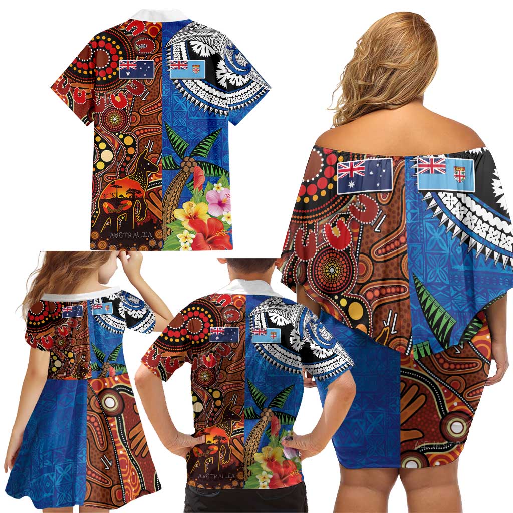 Fiji and Australia Together Family Matching Off Shoulder Short Dress and Hawaiian Shirt Fijian Tapa Plants with Kangaroo and Aboriginal - Aussie Hoodie