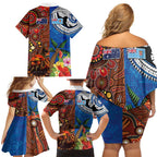Fiji and Australia Together Family Matching Off Shoulder Short Dress and Hawaiian Shirt Fijian Tapa Plants with Kangaroo and Aboriginal - Aussie Hoodie
