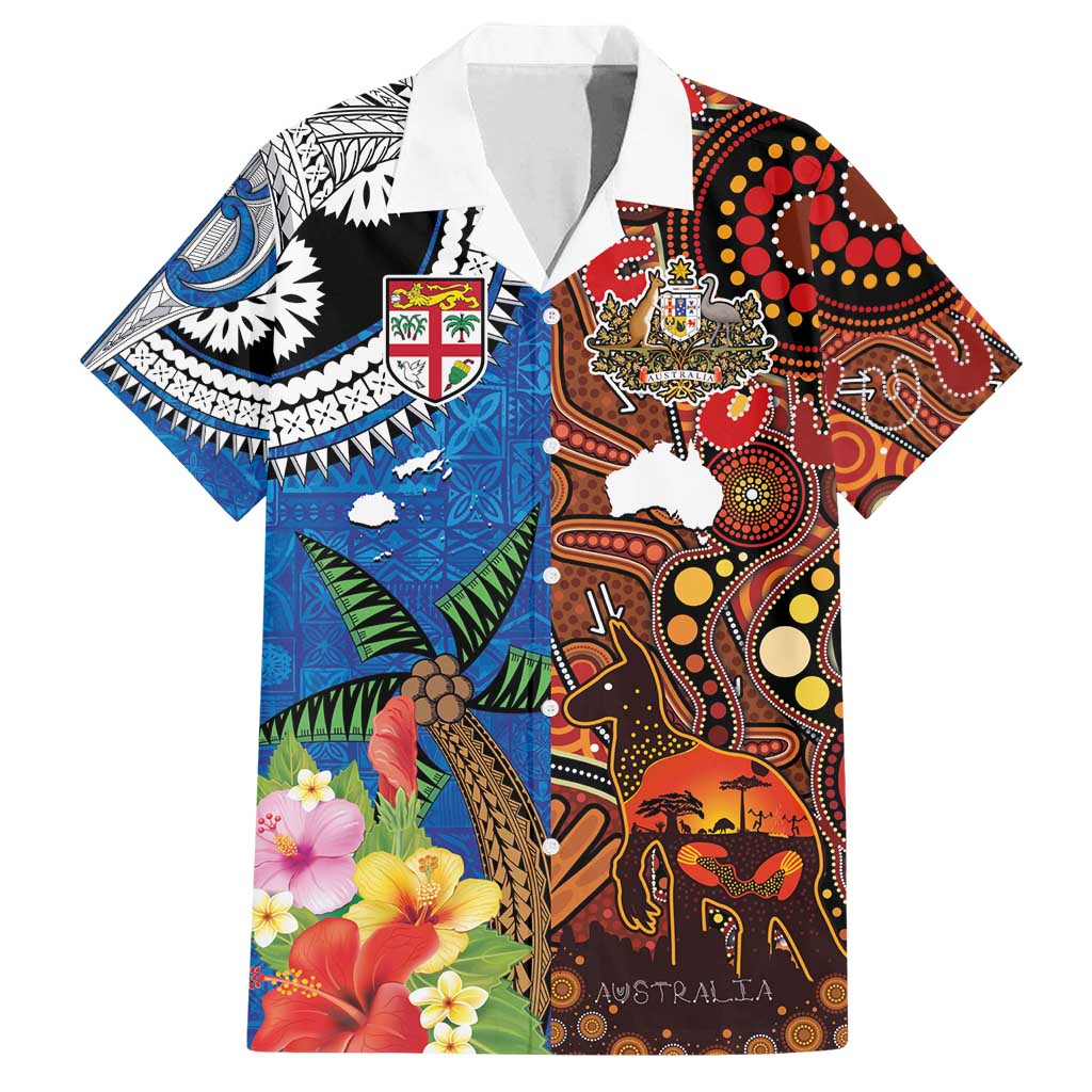 Fiji and Australia Together Family Matching Off Shoulder Short Dress and Hawaiian Shirt Fijian Tapa Plants with Kangaroo and Aboriginal - Aussie Hoodie
