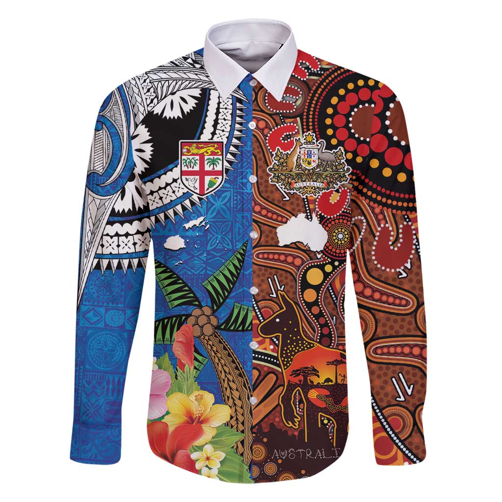 Fiji and Australia Together Family Matching Off Shoulder Short Dress and Hawaiian Shirt Fijian Tapa Plants with Kangaroo and Aboriginal - Aussie Hoodie