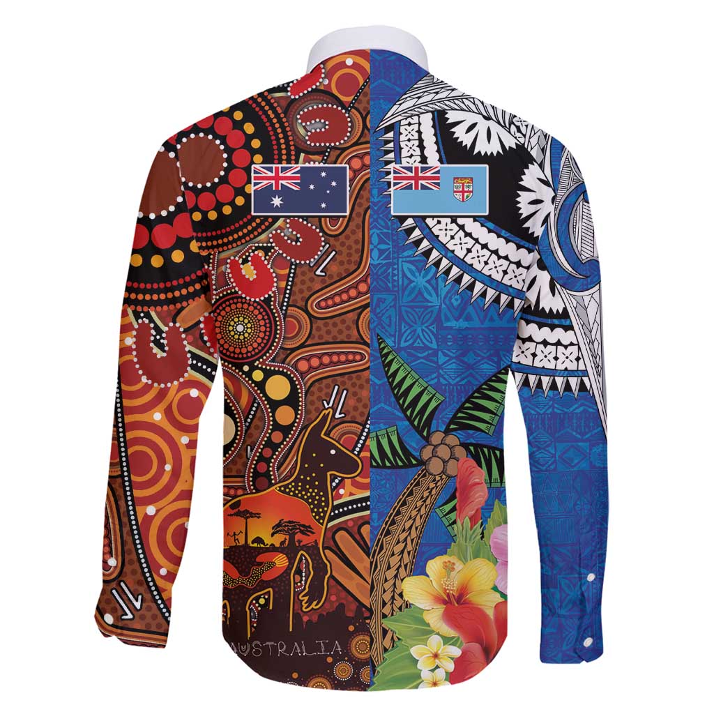 Fiji and Australia Together Family Matching Off Shoulder Short Dress and Hawaiian Shirt Fijian Tapa Plants with Kangaroo and Aboriginal - Aussie Hoodie