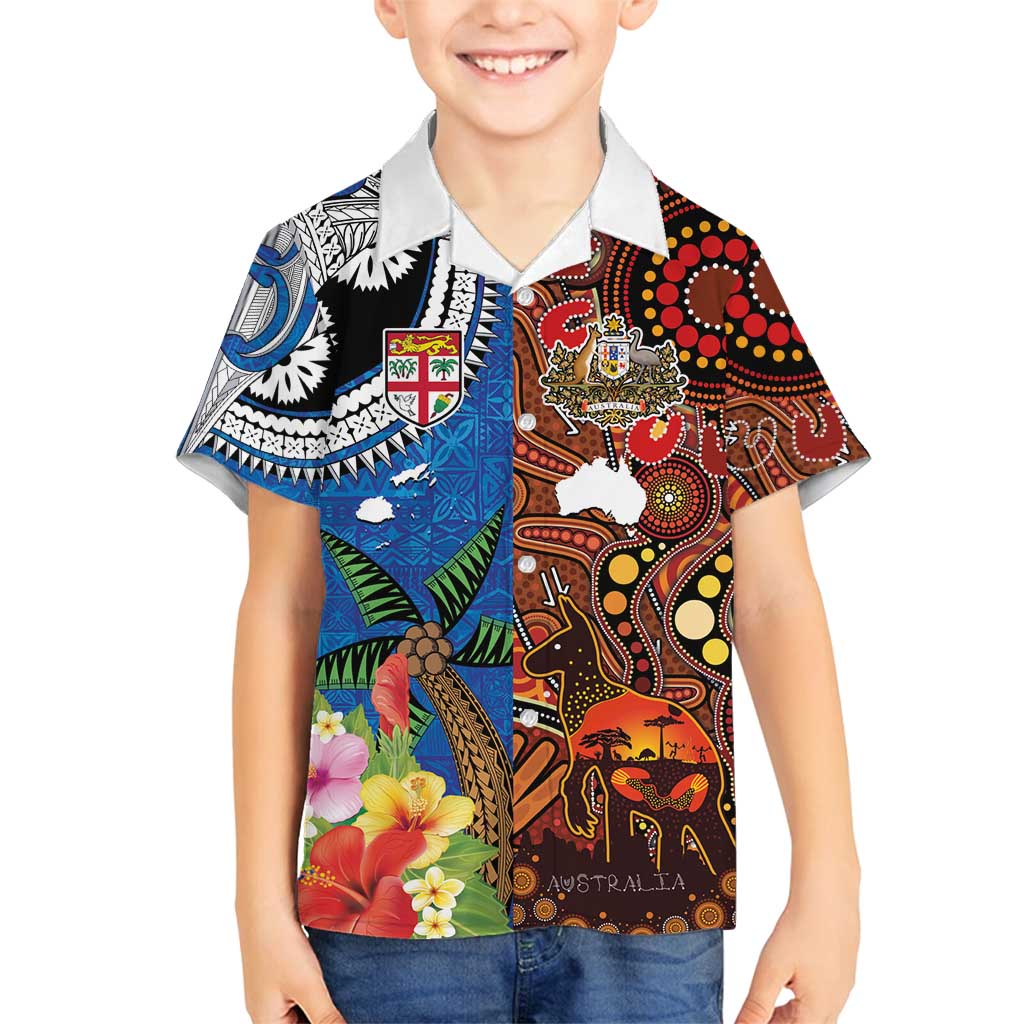 Fiji and Australia Together Family Matching Off Shoulder Short Dress and Hawaiian Shirt Fijian Tapa Plants with Kangaroo and Aboriginal - Aussie Hoodie
