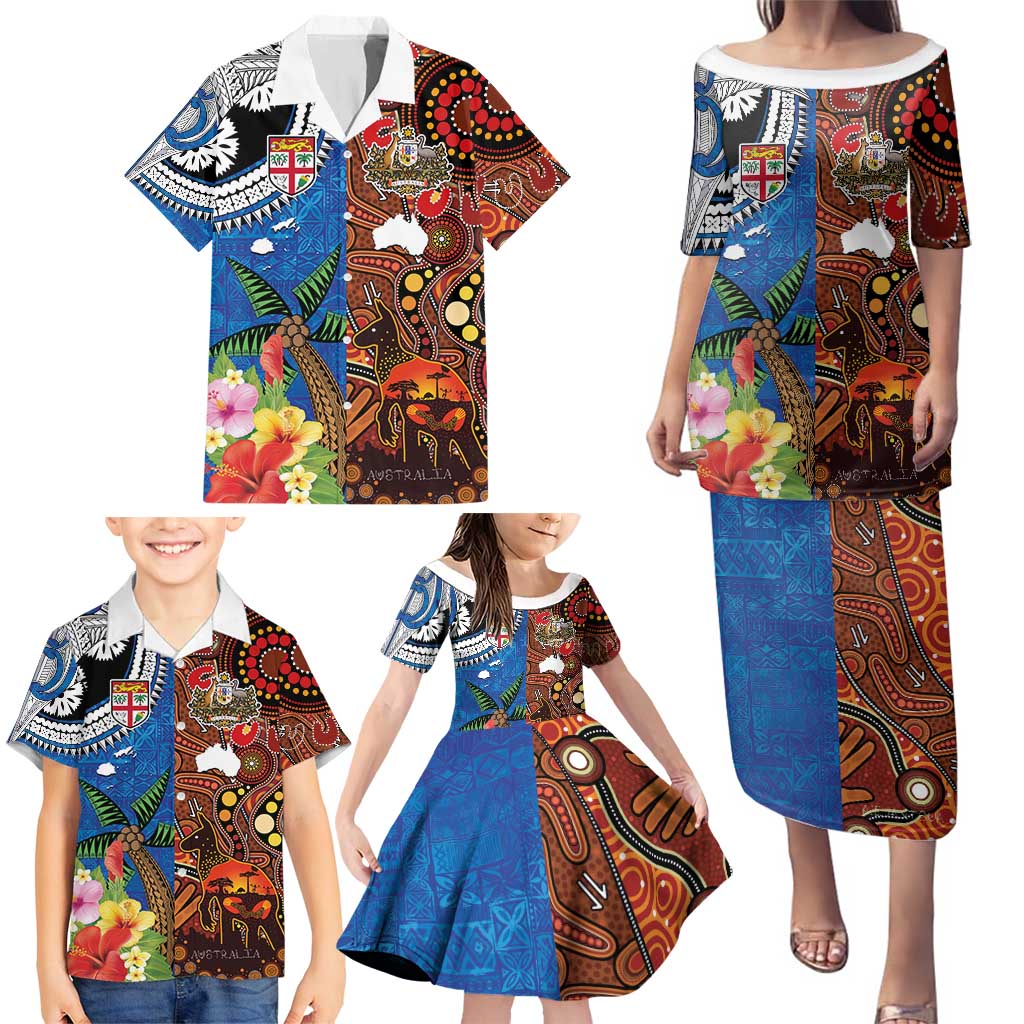 Fiji and Australia Together Family Matching Puletasi and Hawaiian Shirt Fijian Tapa Plants with Kangaroo and Aboriginal - Aussie Hoodie