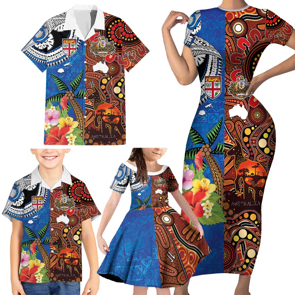 Fiji and Australia Together Family Matching Short Sleeve Bodycon Dress and Hawaiian Shirt Fijian Tapa Plants with Kangaroo and Aboriginal - Aussie Hoodie
