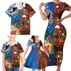 Fiji and Australia Together Family Matching Short Sleeve Bodycon Dress and Hawaiian Shirt Fijian Tapa Plants with Kangaroo and Aboriginal - Aussie Hoodie