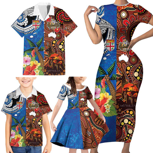Fiji and Australia Together Family Matching Short Sleeve Bodycon Dress and Hawaiian Shirt Fijian Tapa Plants with Kangaroo and Aboriginal - Aussie Hoodie