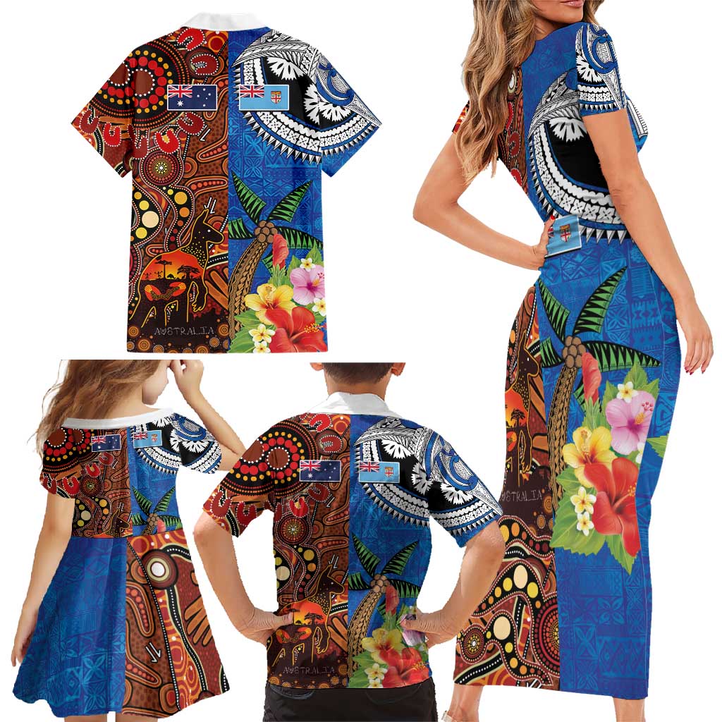Fiji and Australia Together Family Matching Short Sleeve Bodycon Dress and Hawaiian Shirt Fijian Tapa Plants with Kangaroo and Aboriginal - Aussie Hoodie