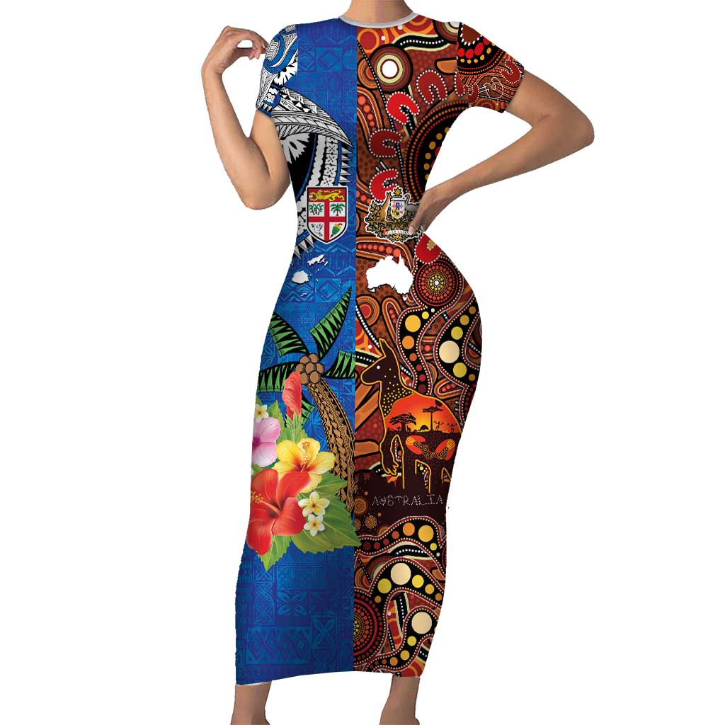 Fiji and Australia Together Family Matching Short Sleeve Bodycon Dress and Hawaiian Shirt Fijian Tapa Plants with Kangaroo and Aboriginal - Aussie Hoodie