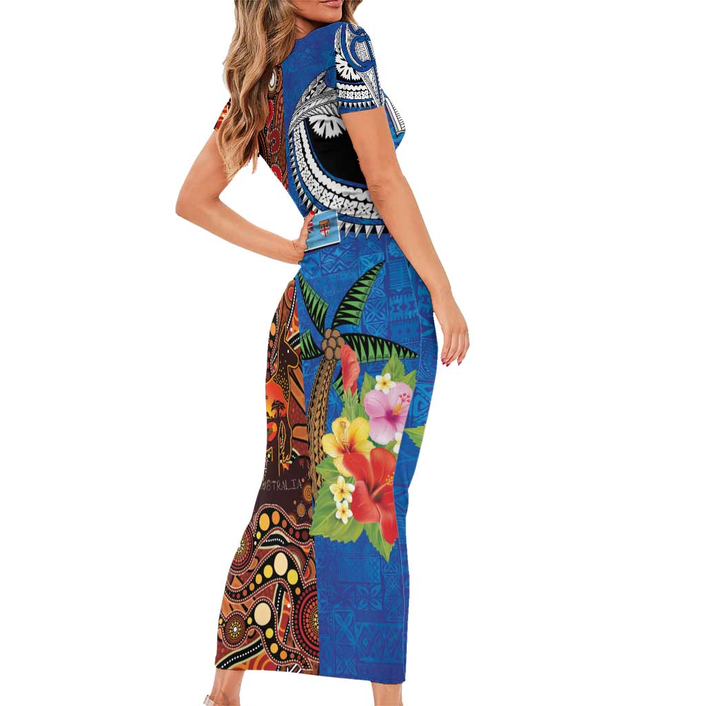 Fiji and Australia Together Family Matching Short Sleeve Bodycon Dress and Hawaiian Shirt Fijian Tapa Plants with Kangaroo and Aboriginal - Aussie Hoodie