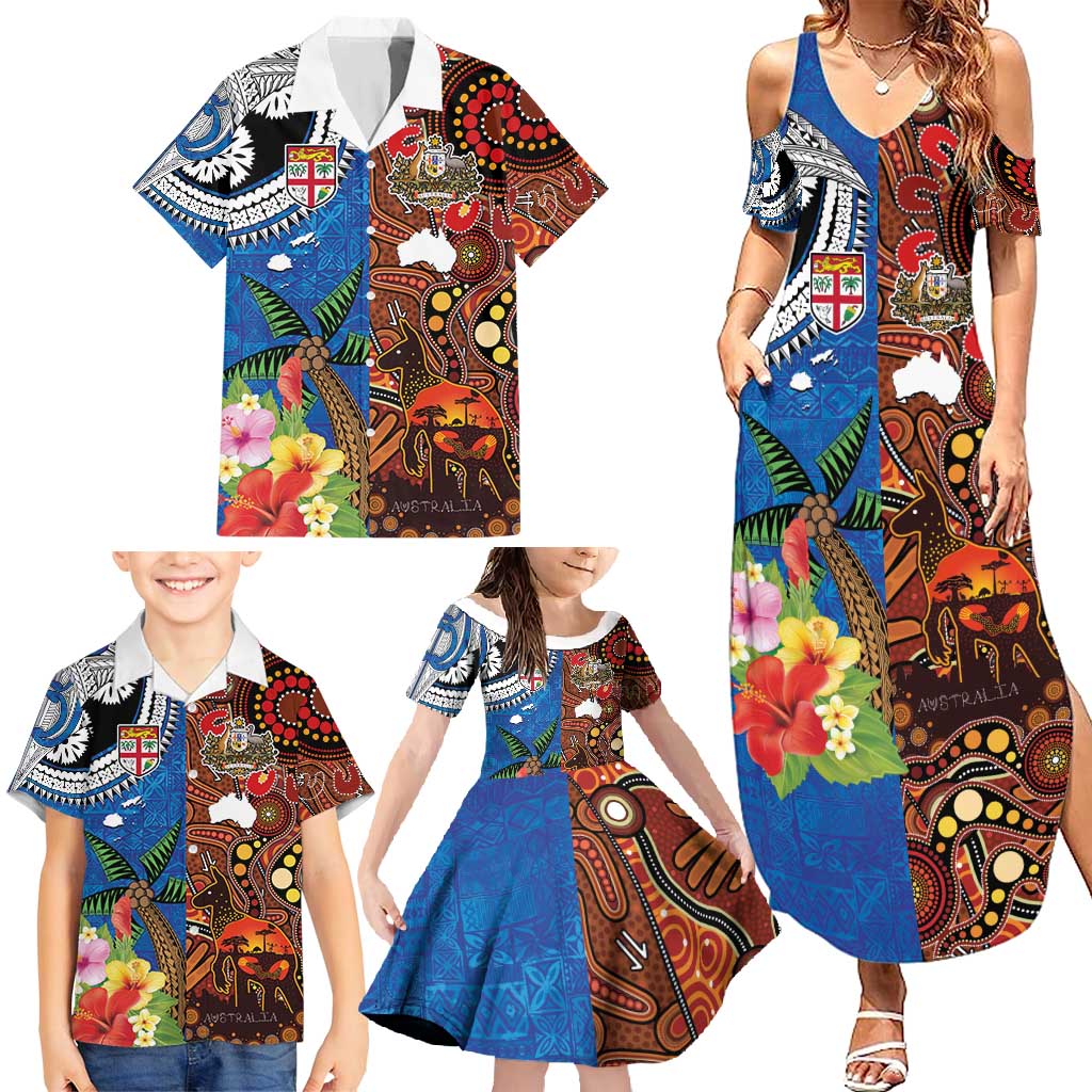 Fiji and Australia Together Family Matching Summer Maxi Dress and Hawaiian Shirt Fijian Tapa Plants with Kangaroo and Aboriginal - Aussie Hoodie