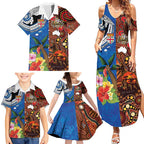 Fiji and Australia Together Family Matching Summer Maxi Dress and Hawaiian Shirt Fijian Tapa Plants with Kangaroo and Aboriginal - Aussie Hoodie