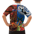 Fiji and Australia Together Family Matching Summer Maxi Dress and Hawaiian Shirt Fijian Tapa Plants with Kangaroo and Aboriginal - Aussie Hoodie