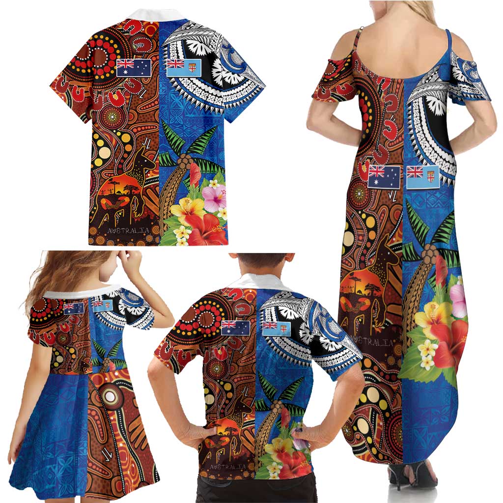 Fiji and Australia Together Family Matching Summer Maxi Dress and Hawaiian Shirt Fijian Tapa Plants with Kangaroo and Aboriginal - Aussie Hoodie