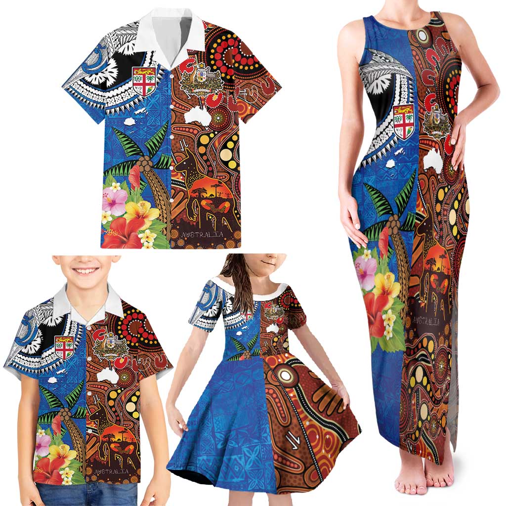 Fiji and Australia Together Family Matching Tank Maxi Dress and Hawaiian Shirt Fijian Tapa Plants with Kangaroo and Aboriginal - Aussie Hoodie