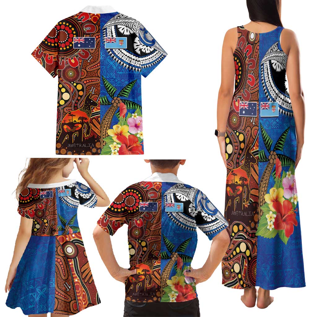 Fiji and Australia Together Family Matching Tank Maxi Dress and Hawaiian Shirt Fijian Tapa Plants with Kangaroo and Aboriginal - Aussie Hoodie
