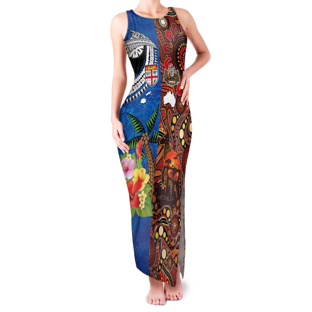 Fiji and Australia Together Family Matching Tank Maxi Dress and Hawaiian Shirt Fijian Tapa Plants with Kangaroo and Aboriginal - Aussie Hoodie