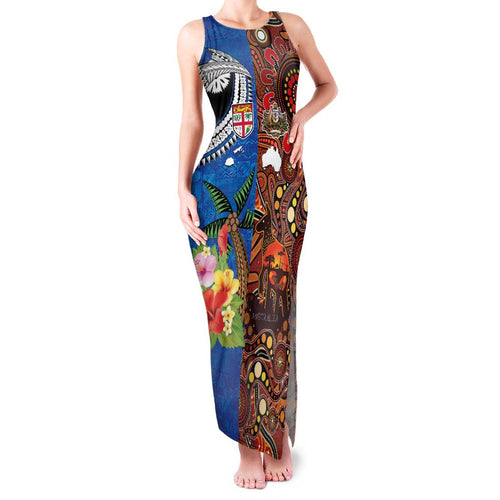 Fiji and Australia Together Family Matching Tank Maxi Dress and Hawaiian Shirt Fijian Tapa Plants with Kangaroo and Aboriginal - Aussie Hoodie