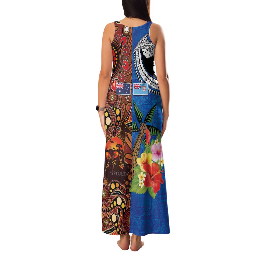Fiji and Australia Together Family Matching Tank Maxi Dress and Hawaiian Shirt Fijian Tapa Plants with Kangaroo and Aboriginal - Aussie Hoodie