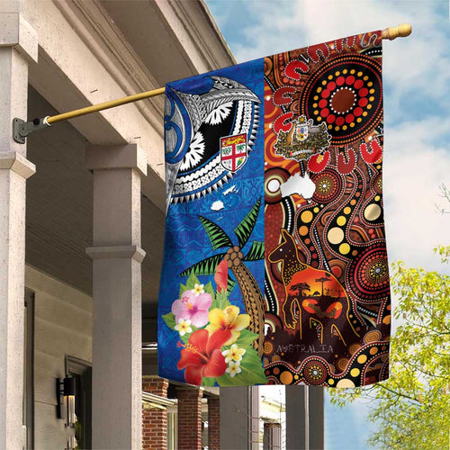 Fiji and Australia Together Garden Flag Fijian Tapa Plants with Kangaroo and Aboriginal - Aussie Hoodie