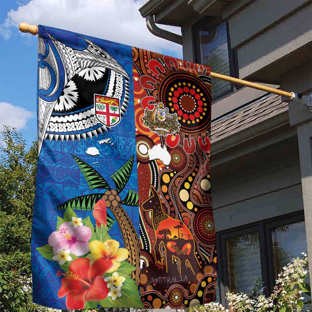 Fiji and Australia Together Garden Flag Fijian Tapa Plants with Kangaroo and Aboriginal - Aussie Hoodie