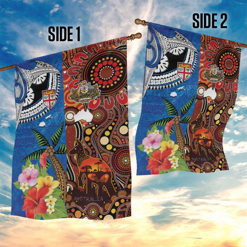 Fiji and Australia Together Garden Flag Fijian Tapa Plants with Kangaroo and Aboriginal - Aussie Hoodie